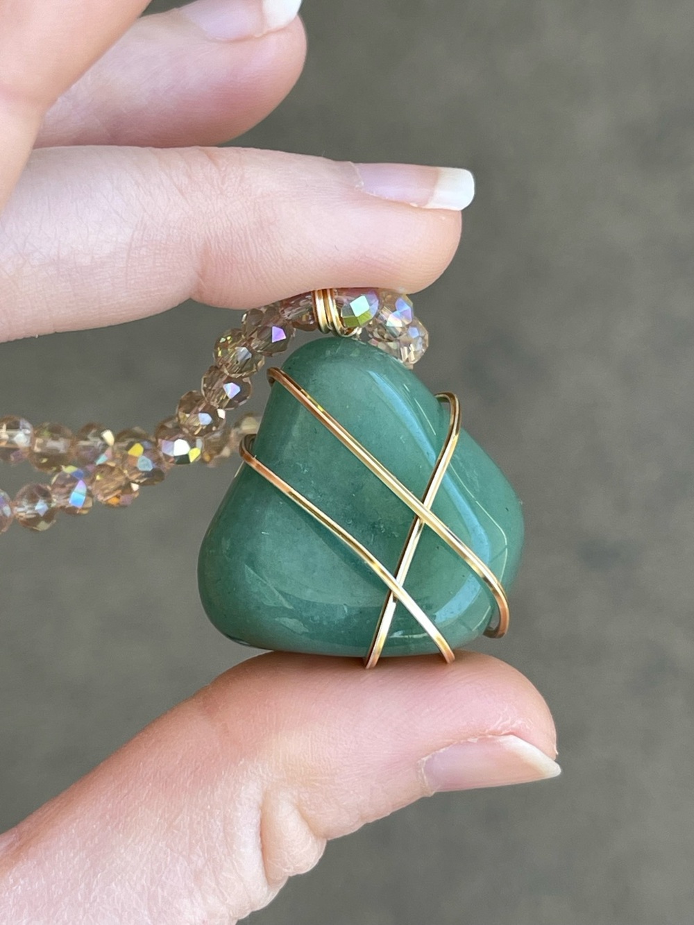 Green Aventurine Necklace Gold Wire Wrap on Champagne Glass Beads - Picture 3 of 5
